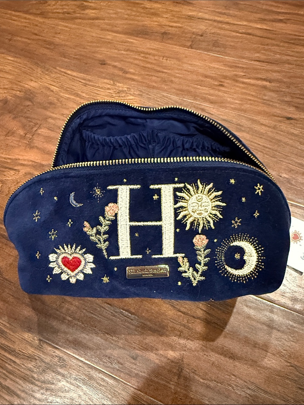 Embroidered “H” Navy Velvet Cosmetic Pouch with Gold Accents